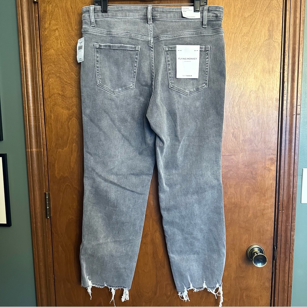 NWT Flying Monkey‎ Cropped Straight High Rise 32 Dark Gray Distressed Buckle